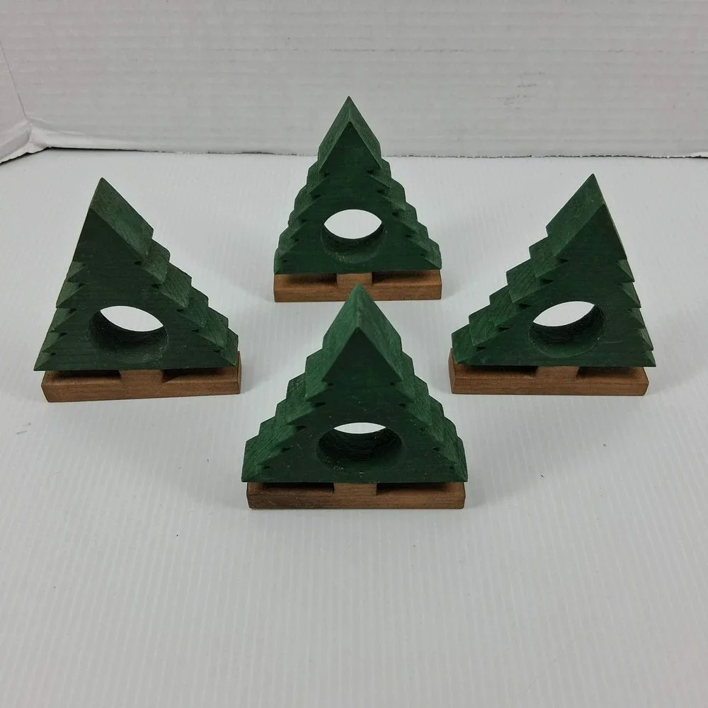 Vintage Style Wooden Christmas Tree Napkin Rings Set of 4‎ Green Rustic Holiday
